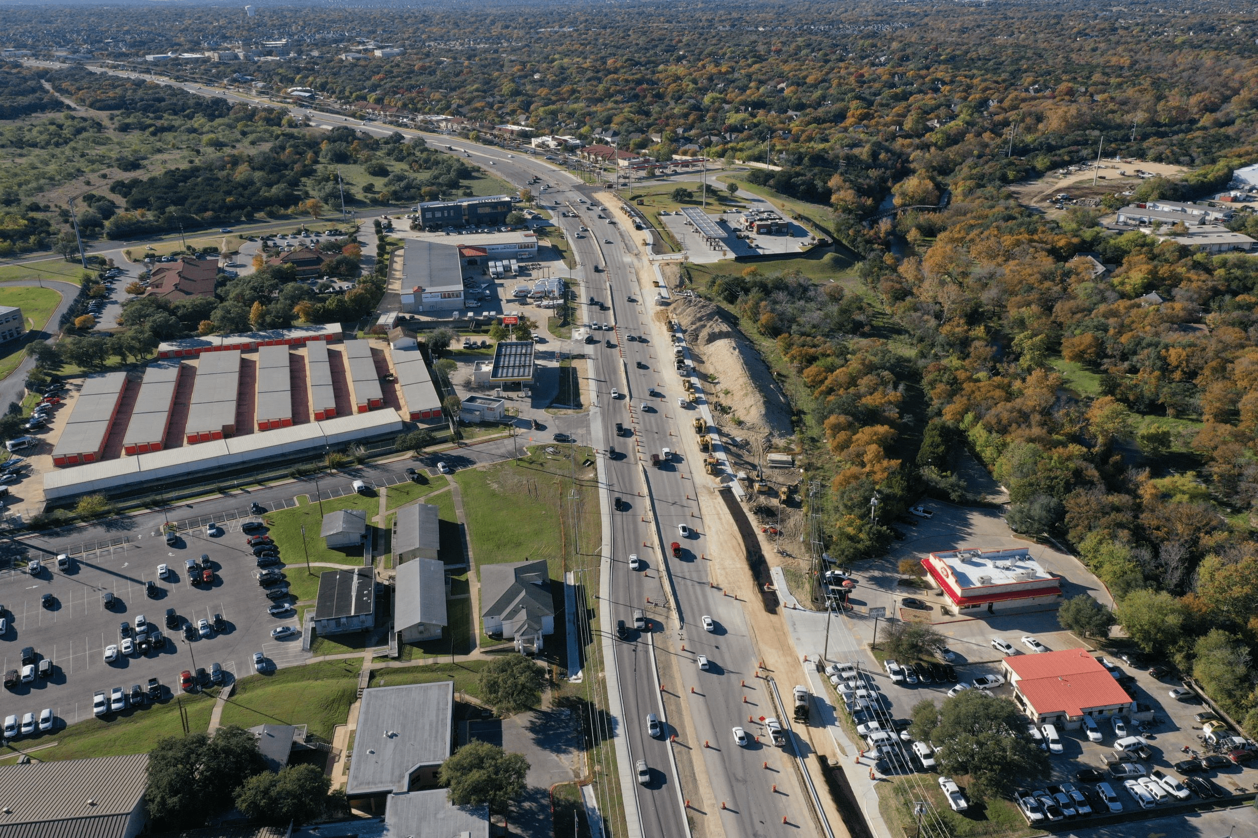 Westbound RM 620 over Lake Creek Drive frontage road construction progress in Round Rock